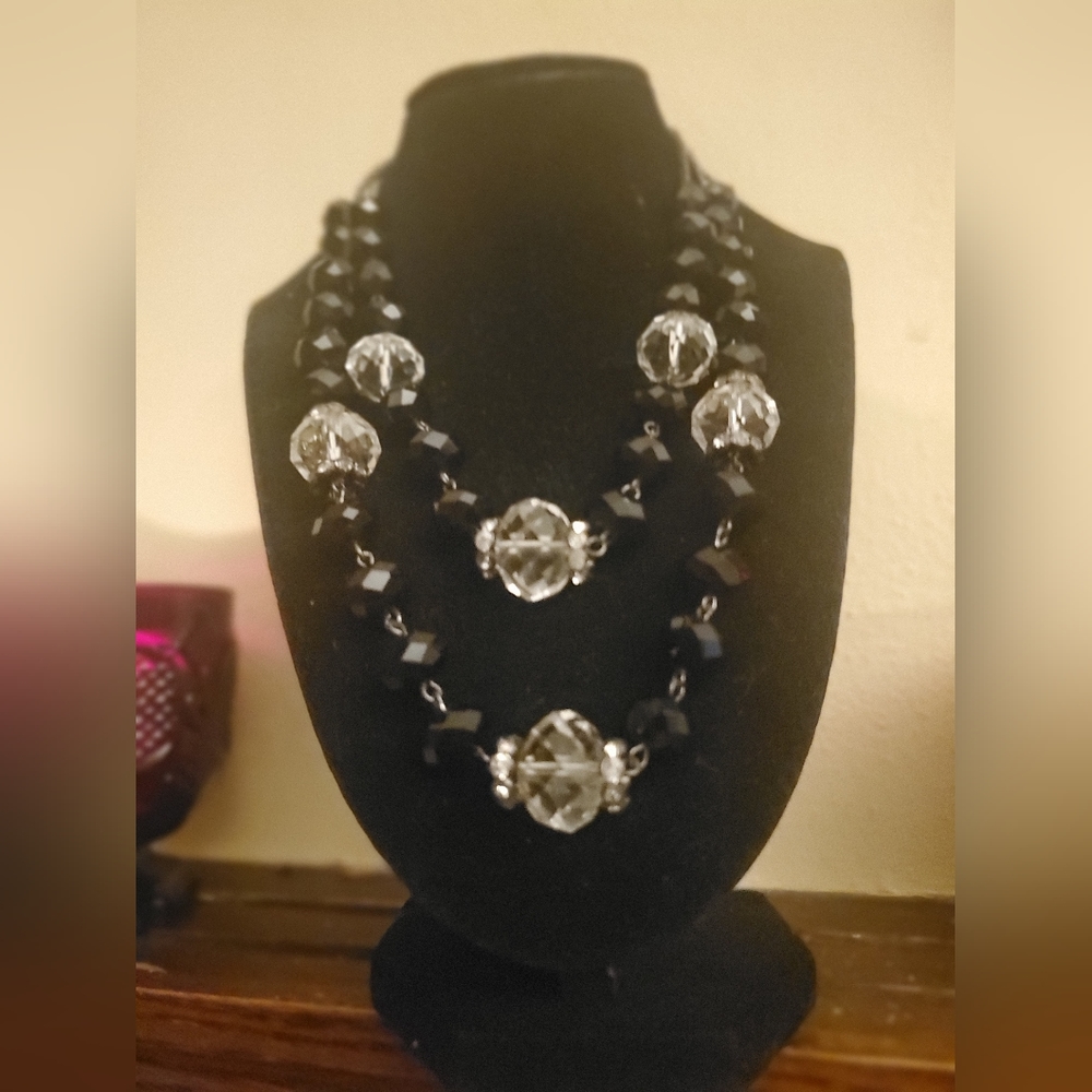 CROWN Trifari black & clear beads necklace double strand  gunmetal clasp & TAG